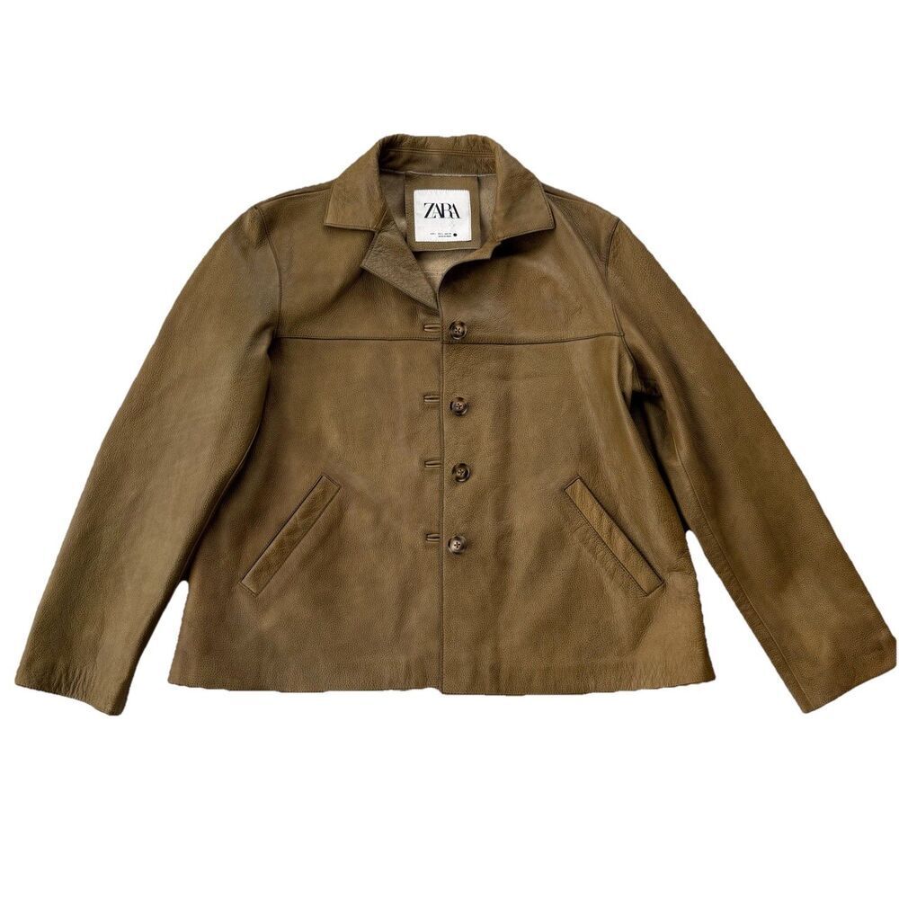 ZARA 100% Leather Straight Cut Jacket Womens Medium Olive Green Flaws